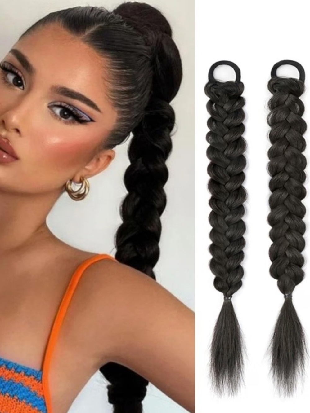 Natural Black Braided Ponytail Hair Extension Synthetic 2 Pcs